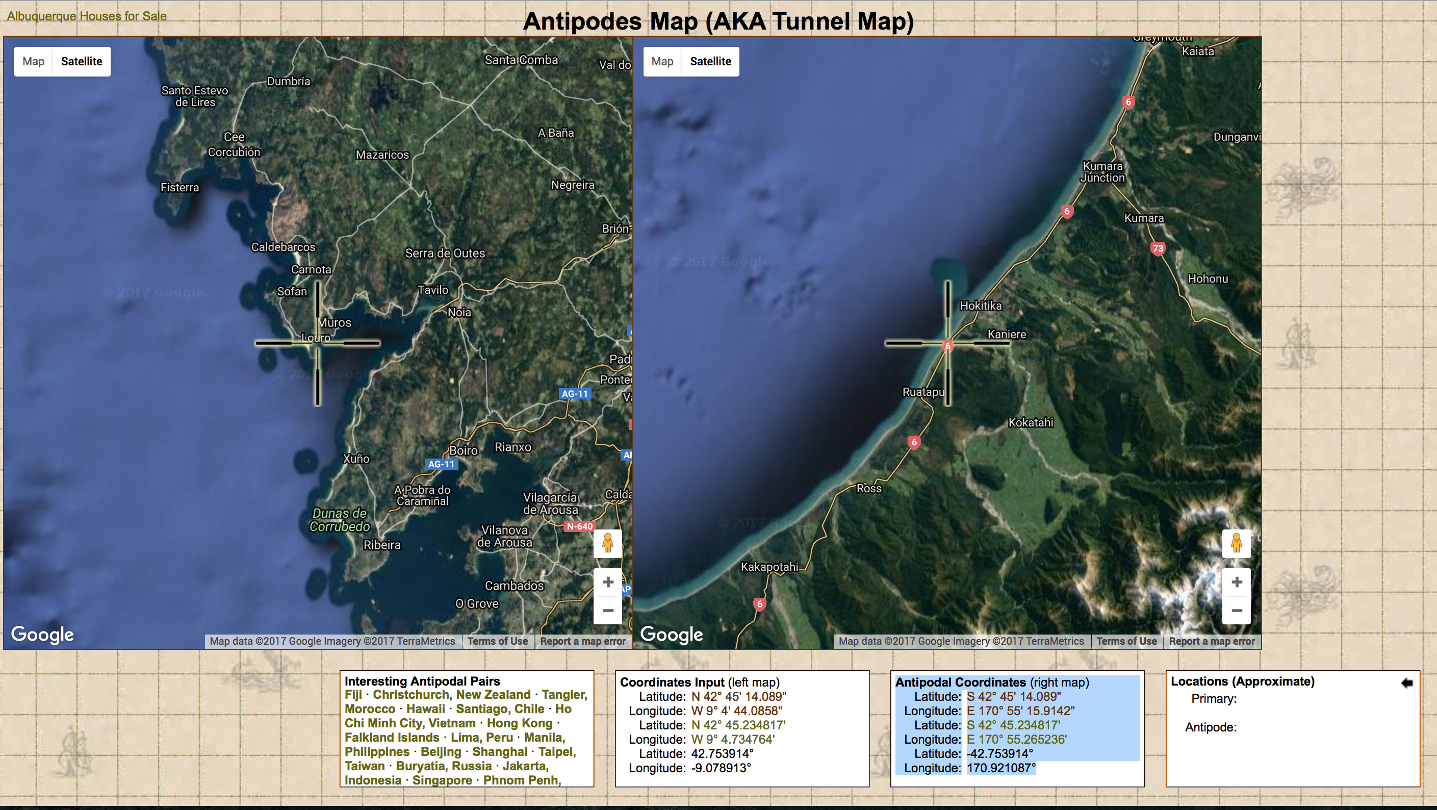 The two locations in the northern and southern hemispheres